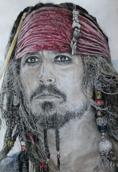 CaptainSparrowkl.JPG - Captain Jack Sparrow 50 x 35Bleistift, Pastellkreide und Buntstift