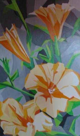 Hibiscus_in_Abricot.jpg - abricotfarbene Petunien,70 x 100, in geometrische Farbflächen aufgelöst...