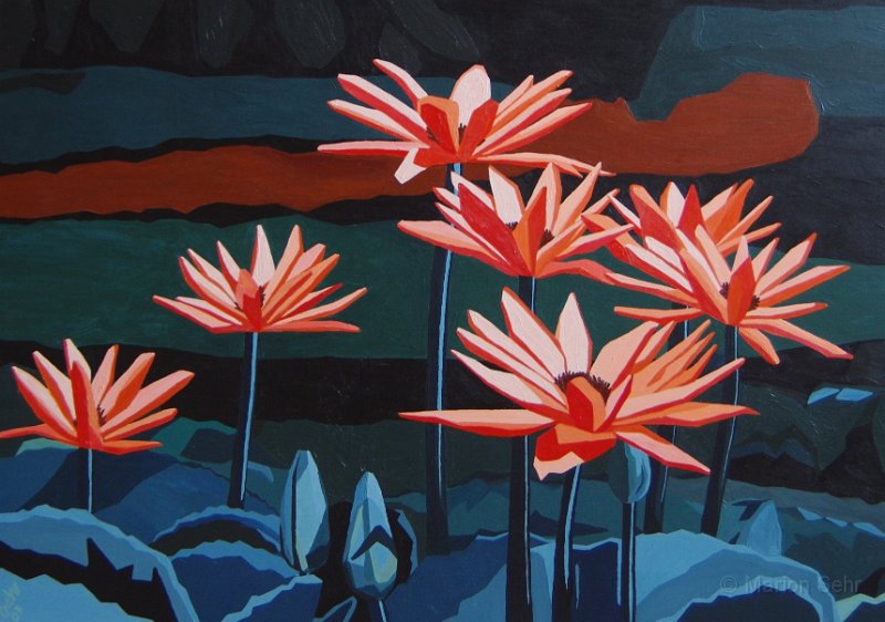Bl1-1MB.JPG - Rote Blüten im Teich, 70 x 100, hier wurden die Farben in geometrische Formen übersetzt, die aber die Tiefe und Form der Blüten beibehalten...